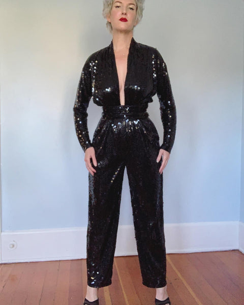Studio 54 Style 1980s Liquid Sequins Risque Plunging Neckline Jumpsuit w/ Belt