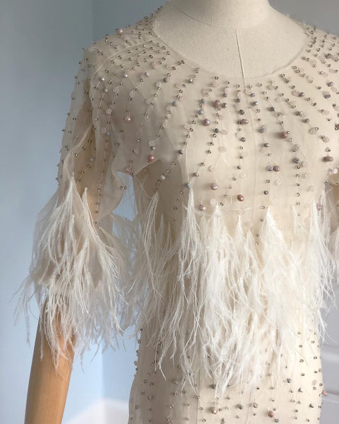 Couture Vintage Sheer Silk Organza Bias Cut "Naked" Gown with Hand Beaded Semi Precious Stones and Ostrich Feather Detailing