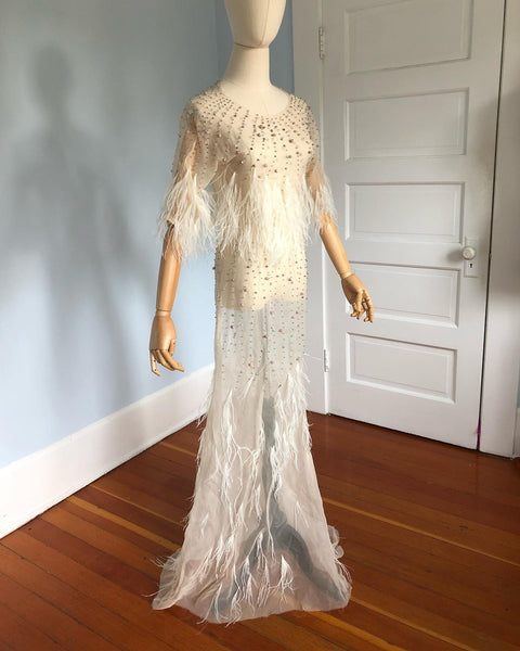 Couture Vintage Sheer Silk Organza Bias Cut "Naked" Gown with Hand Beaded Semi Precious Stones and Ostrich Feather Detailing