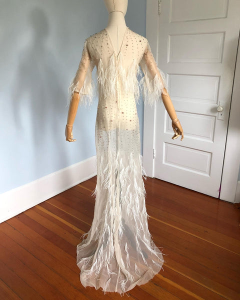 Couture Vintage Sheer Silk Organza Bias Cut "Naked" Gown with Hand Beaded Semi Precious Stones and Ostrich Feather Detailing