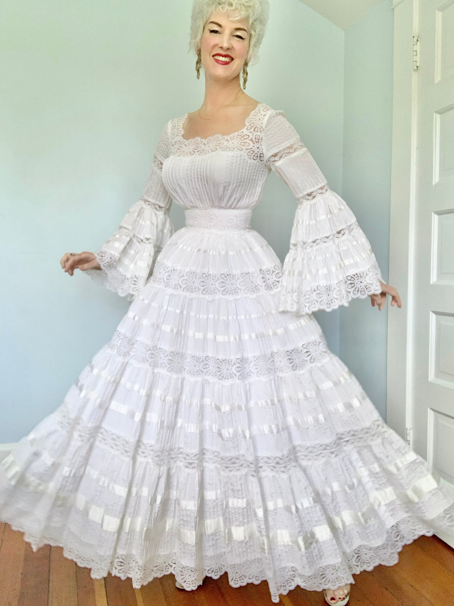 Gorgeous 1960s Pintuck Pleated Cotton Mexican Wedding Dress w