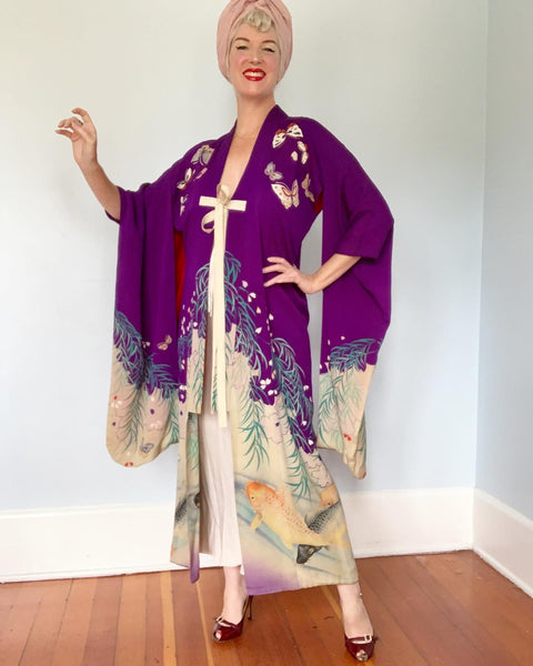 1940s Japanese Silk Handmade Hand Painted Furisode Kimono Robe with Koi Fish