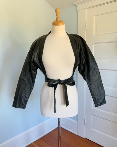 Rare Late 1970s Designer "OMO Norma Kamali" Cropped & Fitted Leather Jacket with Attached Tie Belt