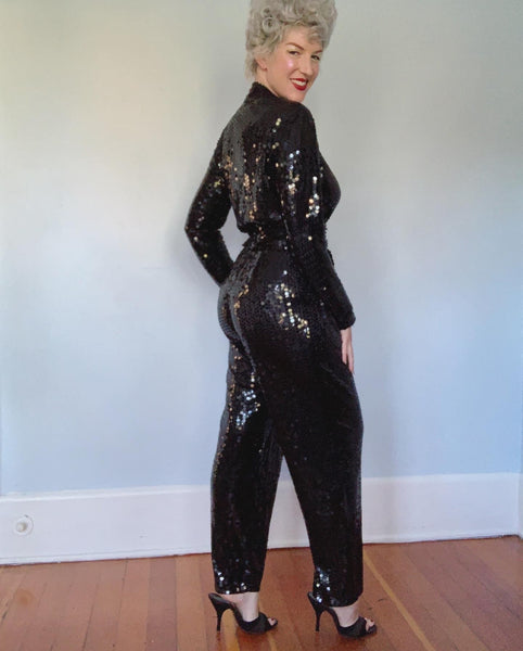 Studio 54 Style 1980s Liquid Sequins Risque Plunging Neckline Jumpsuit w/ Belt