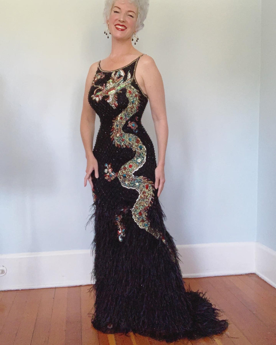 Ostrich Feather Fringed Bejeweled Mermaid Gown - 1911GL9512