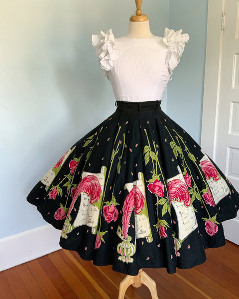 1950s "Love Letters" Cotton Novelty Print 16 Panel Circle Skirt