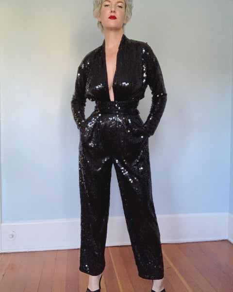 Studio 54 Style 1980s Liquid Sequins Risque Plunging Neckline Jumpsuit w/ Belt