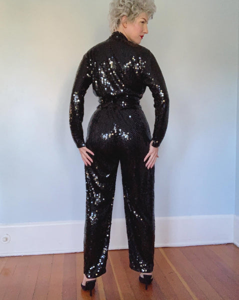Studio 54 Style 1980s Liquid Sequins Risque Plunging Neckline Jumpsuit w/ Belt