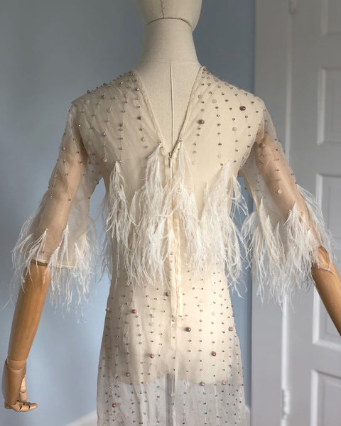 Couture Vintage Sheer Silk Organza Bias Cut "Naked" Gown with Hand Beaded Semi Precious Stones and Ostrich Feather Detailing