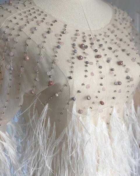 Couture Vintage Sheer Silk Organza Bias Cut "Naked" Gown with Hand Beaded Semi Precious Stones and Ostrich Feather Detailing