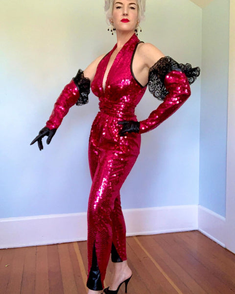 1970s/80s Custom Made Sequined Jumpsuit / Belt / Gloves w/ Lace & Leather Accents