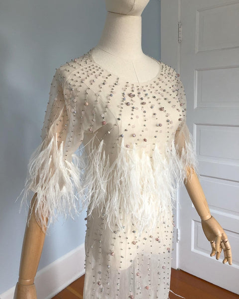Couture Vintage Sheer Silk Organza Bias Cut "Naked" Gown with Hand Beaded Semi Precious Stones and Ostrich Feather Detailing
