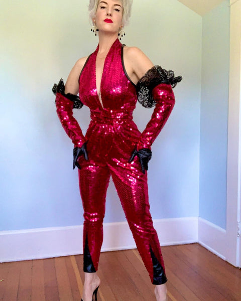 1970s/80s Custom Made Sequined Jumpsuit / Belt / Gloves w/ Lace & Leather Accents