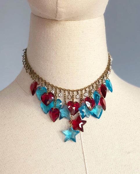 1930s / 1940s Unsigned “Miriam Haskell” Cut Crystal Hearts & Stars Choker Necklace & Bracelet Set
