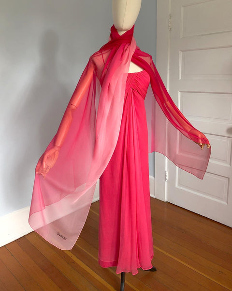 1960s Designer "Givenchy" Shocking Pink Silk Chiffon Draped Evening Gown and Huge Signed Shawl