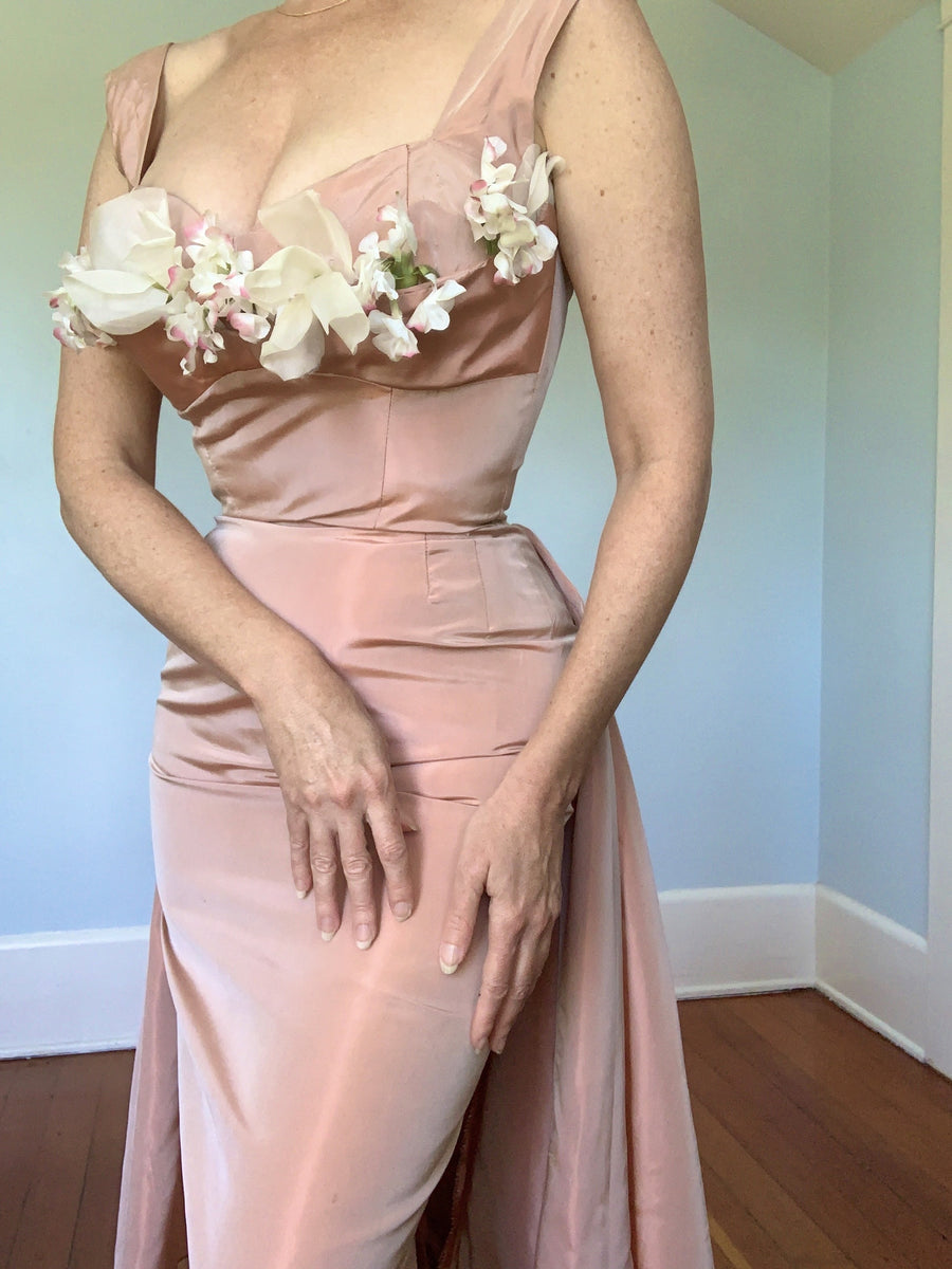 1950s Iridescent Sharkskin Cocktail Dress w/ 3D Floral Bust