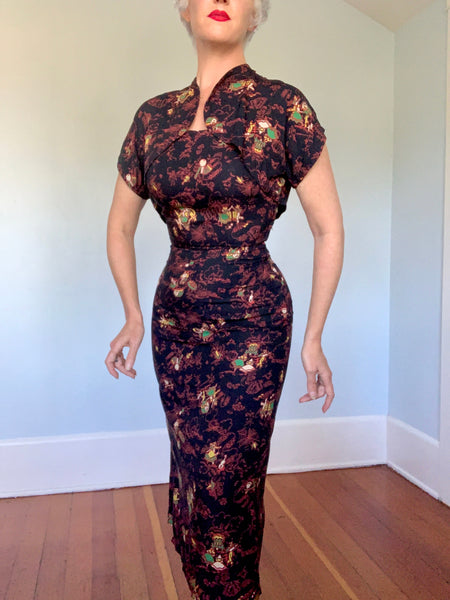 Rare 1940s Inky Black Cold Rayon 2 Piece Cocktail Dress Ensemble with Pumpkin & Spiderwebs Novelty Print