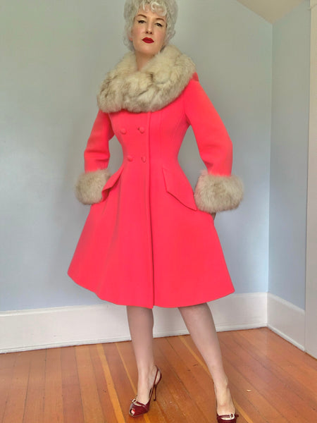 1960s Neon Highlighter Pink Wool Princess Coat w/ Fox Fur Trim by “Lilli Ann”