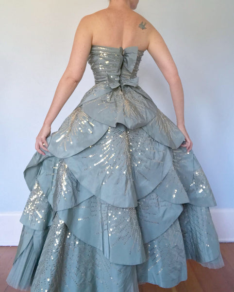 Late 1940s Custom Couture Silk Sequined Petal Gown Inspired by A/W 1949 Dior