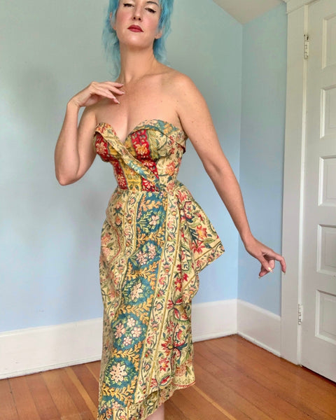 1940s Hand Printed Indian Cotton Sarong Dress