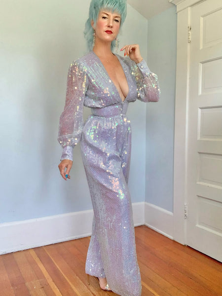 1970s Iridescent Sequin Palazzo Jumpsuit