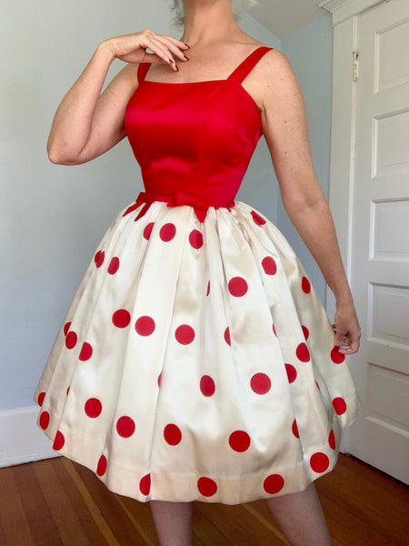 1950s Polkadot Satin Party Dress