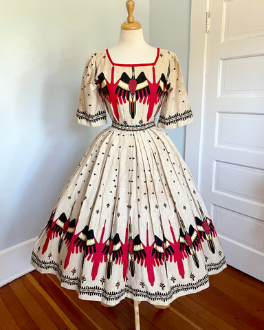 1950s 2 Piece Woven Cotton “Peyote Bird” Hand Printed / Sequined Dress Set