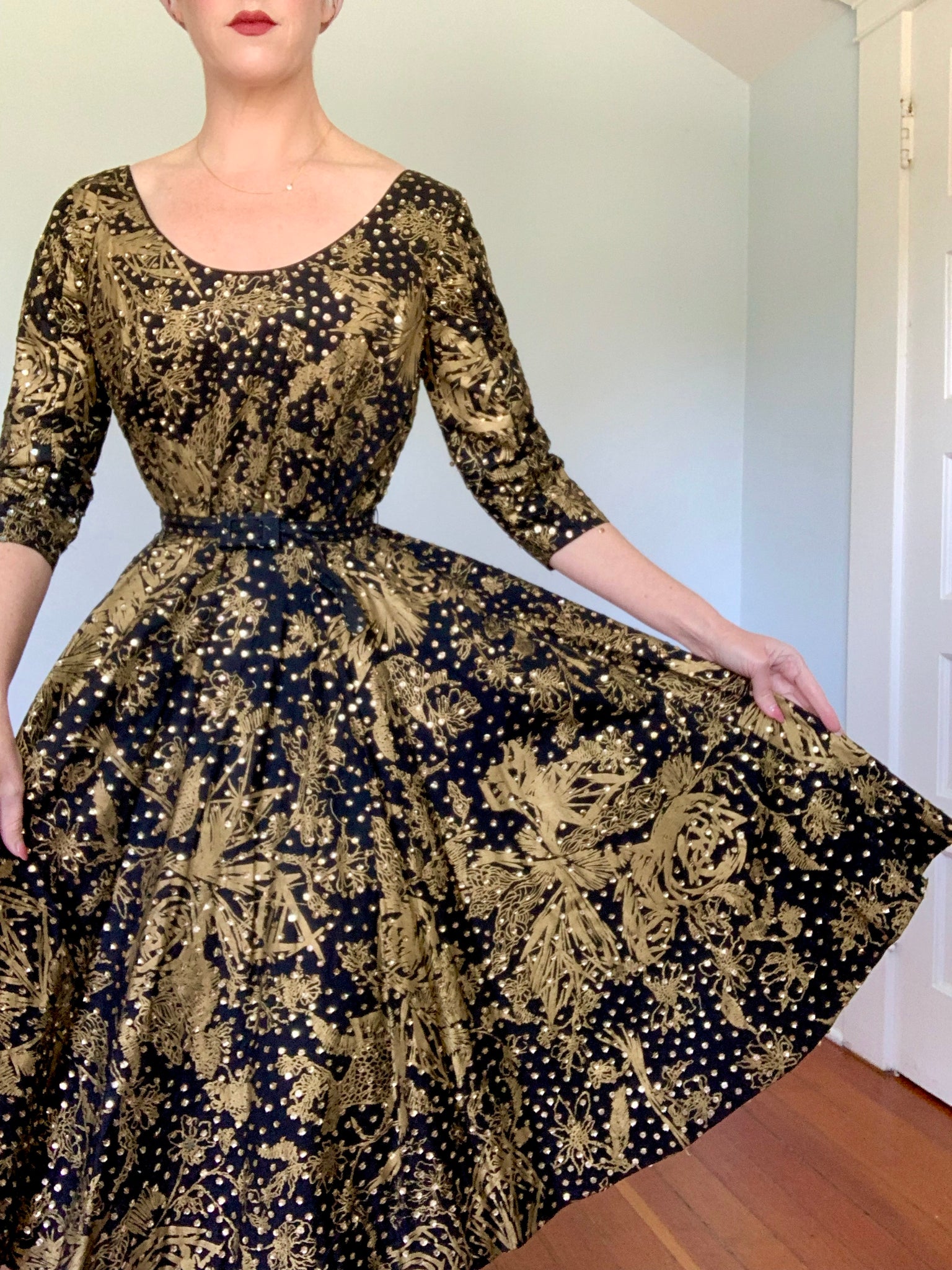 Dazzling 1950s Mexican Hand Painted Roses / Hand Sequined Cotton Party Dress w/ Belt