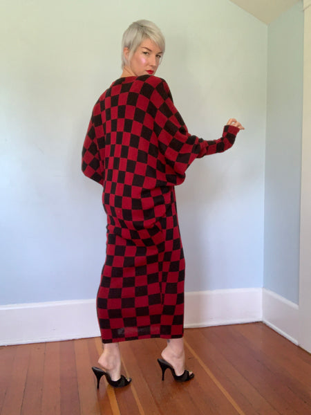 Avant-Garde 1980s "Norma Kamali" Checkered Knit Cocoon Maxi Dress