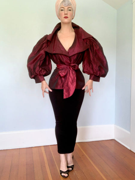 1980s "Victor Costa" Iridescent Crimson Sharkskin Taffeta Blouse w/ Huge Sleeves & Tue Belt