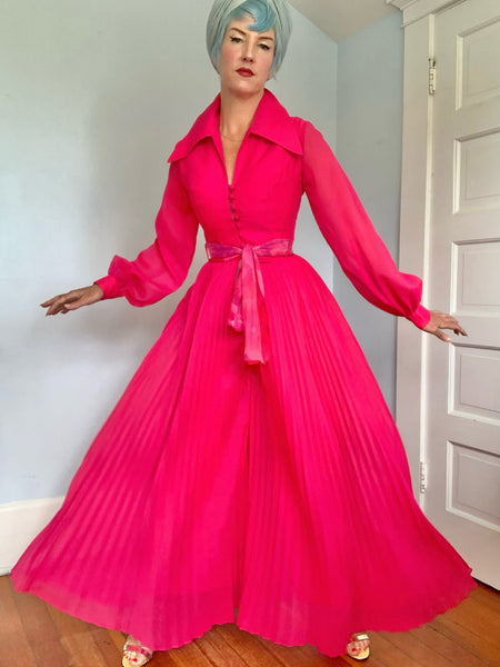 1960s Shocking Magenta Sheer Chiffon Over Satin Palazzo Jumpsuit