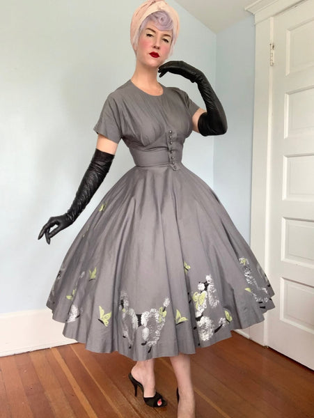 1950s Poodle Novelty Border Print Cotton Day Dress