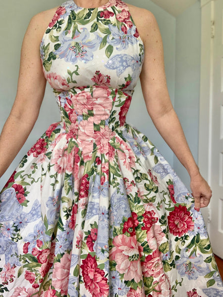 1980s “Karen Alexander” Corset Waist Polished Cotton Floral Sundress w/ Huge Skirt