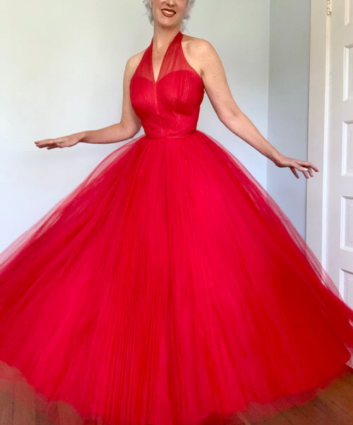 1950s Designer “Rappi” Red Accordion Pleated Tulle Halter Gown