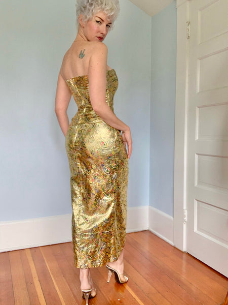 1960s Custom Made Gold Lamé w/ Rainbow Paisley Evening Gown