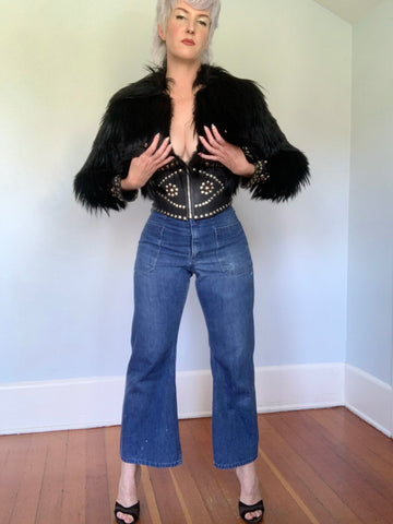 Custom Made 1970s Rocker Shaggy Goat Hair Cropped Jacket w/ Leather & Metal Stud-work