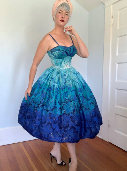 1950s “Alfred Shaheen” Ombré Blue Hand Printed Hibiscus Cotton Sundress