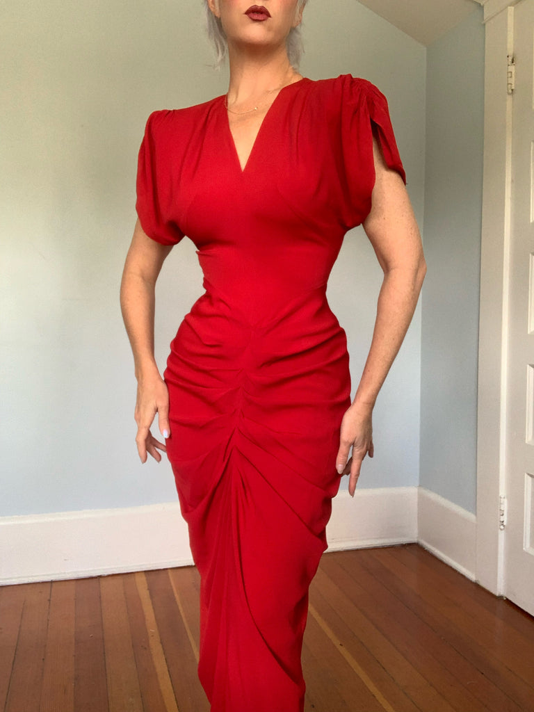 blood red dress 1940s Blood Red Rayon Draped Cocktail Dress – butchwaxvintage