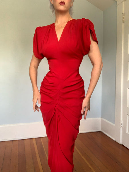 1940s Blood Red Rayon Draped Cocktail Dress