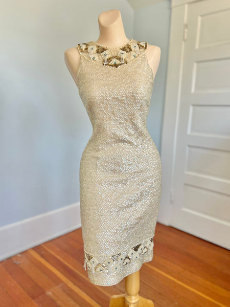 Custom 1960s Cleopatra Style Wool Iridescent Sequin Covered Cocktail Dress
