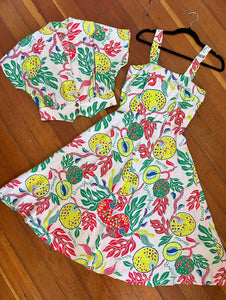 1940s Cold Rayon “Watumull’s” Hawaiian Breadfruit Novelty Print Day Dress & Bolero