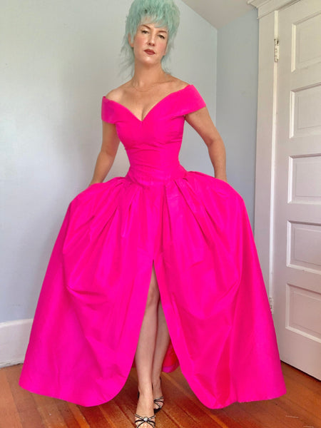 1980s “Scaasi Boutique” Neon Pink Silk Evening Gown