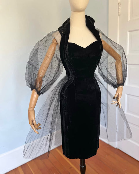 1950s “Sue Leslie of California” Black Velvet Cocktail Dress w/ Jacket