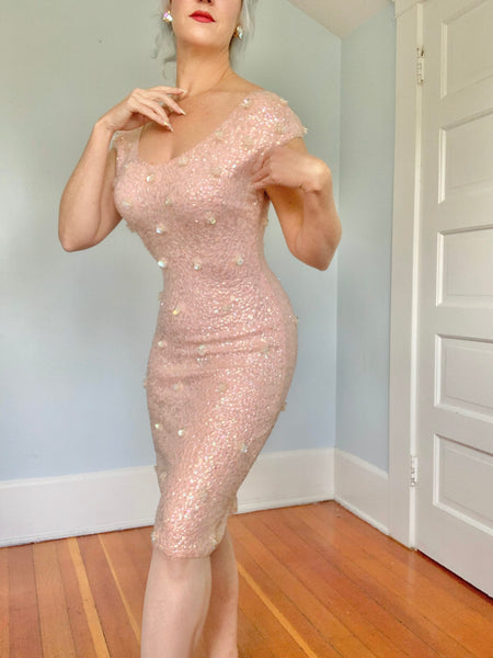 1960s “Gene Shelly’s Boutique Internationale” Iridescent Pink Sequin Wool Cocktail Dress