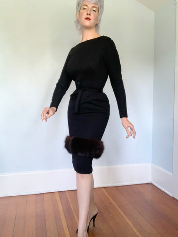 1950s Wool Jersey Cocktail Dress w/ Fox Fur Trim