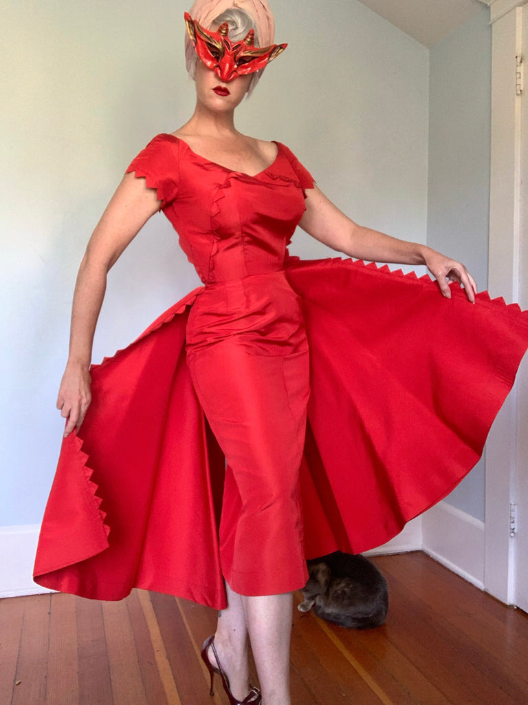 1950s Devil Red Satin Cocktail Dress w/ Back Draped Wings butchwaxvintage 1950s Devil Red Satin Cocktail Dress w/ Back Draped Wings butchwaxvintage