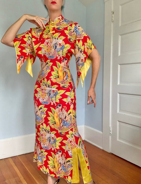 1940s Cold Rayon Hawaiian Pake Muu in Eugene Savage Print by “Kahana Manufacturing Co.”