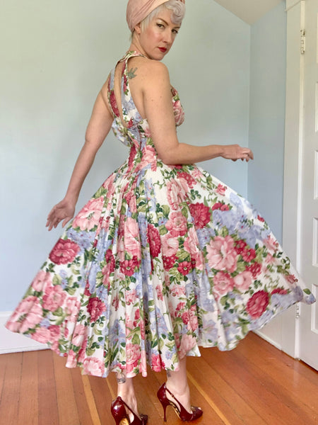 1980s “Karen Alexander” Corset Waist Polished Cotton Floral Sundress w/ Huge Skirt