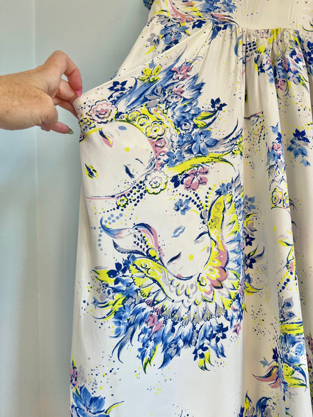 1940s Faces Novelty Print Cold Rayon Cocktail Dress