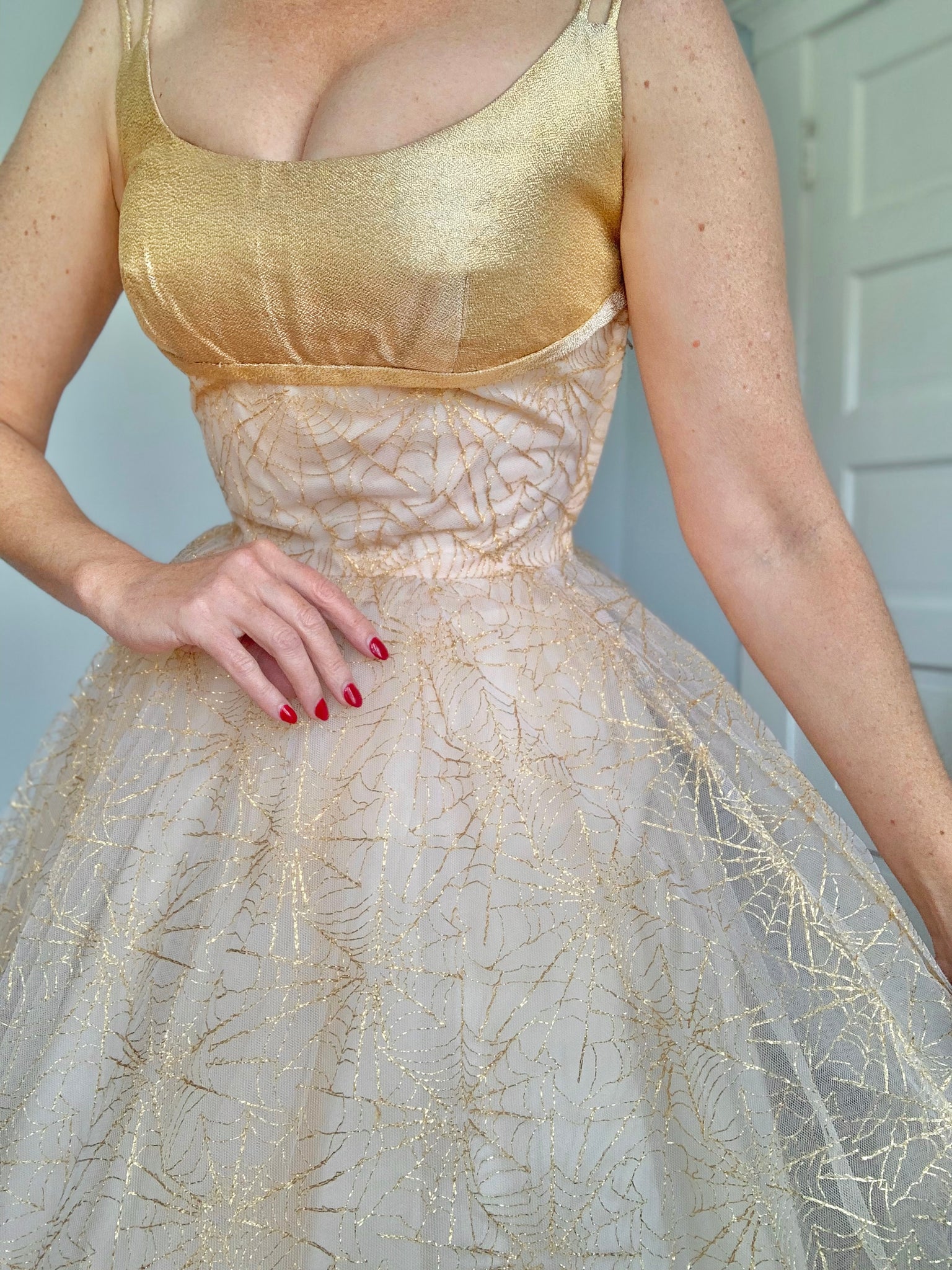 1950s Embroidered Spiderweb & Lurex Party Dress